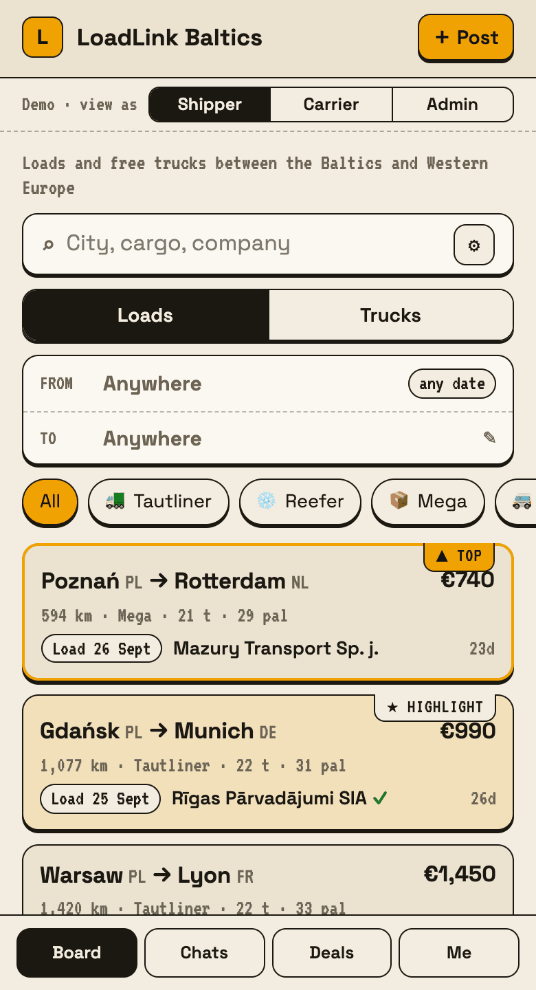 Freight Board Telegram mini app — the customer side, on demo data